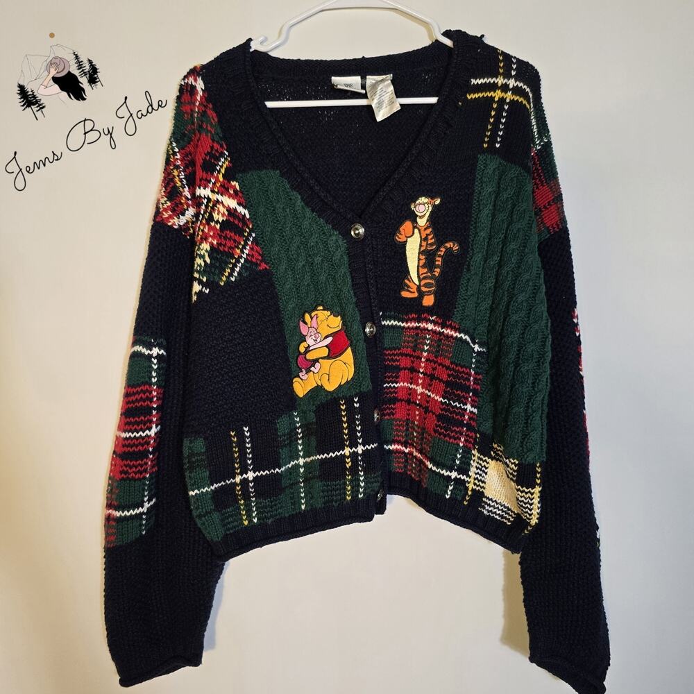 Vintage Disney Store Winnie The Pooh Tigger Piglet Patchwork Cable Knit Cardigan